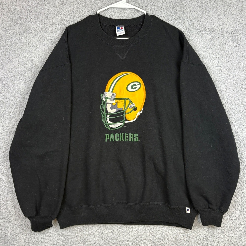 Vintage Green Bay Packers Sweatshirt Mens XL Black Helmet 90s Russell Athletic
